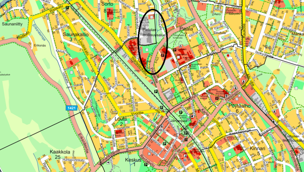 Kaavasuunnittelualueen sijainti Järvenpään opaskartassa.