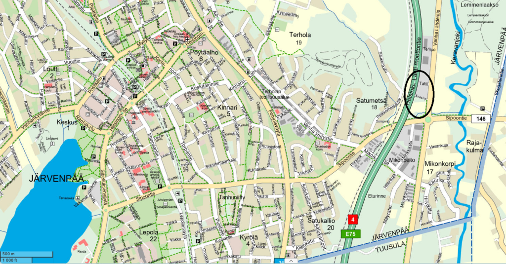 Intron eteläpuoli-nimisen asemakaavamuutosalueen sijainti Järvenpään opaskartassa
