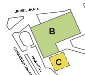 Karttakuva, joka näyttää Urheilukadun ja Kansakoulunkadun. Kuvassa on merkitty kaksi rakennusta: vihreä rakennus B ja keltainen rakennus C.