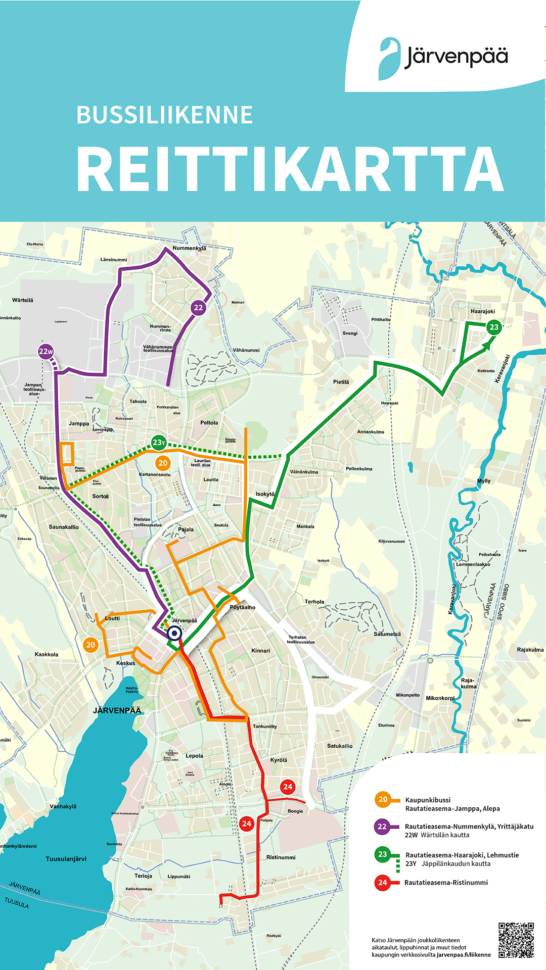 Järvenpään bussiliikenteen reittikartta. Kartassa näkyvät linjat 20 (keltainen, Kaupunkibussi Rautatieasema–Jamppa–Alepa), 22 (violetti, Rautatieasema–Nummenkylä–Yrittäjäkatu sekä 22W Wärtsilän kautta), 23 (vihreä, Rautatieasema–Haarajoki–Lehmustie sekä 23V Jäppilänkadun kautta) ja 24 (punainen, Rautatieasema–Ristinummi). Kartta kuvaa bussien reitit eri kaupunginosien läpi ja pysäkit on merkitty symbolein.