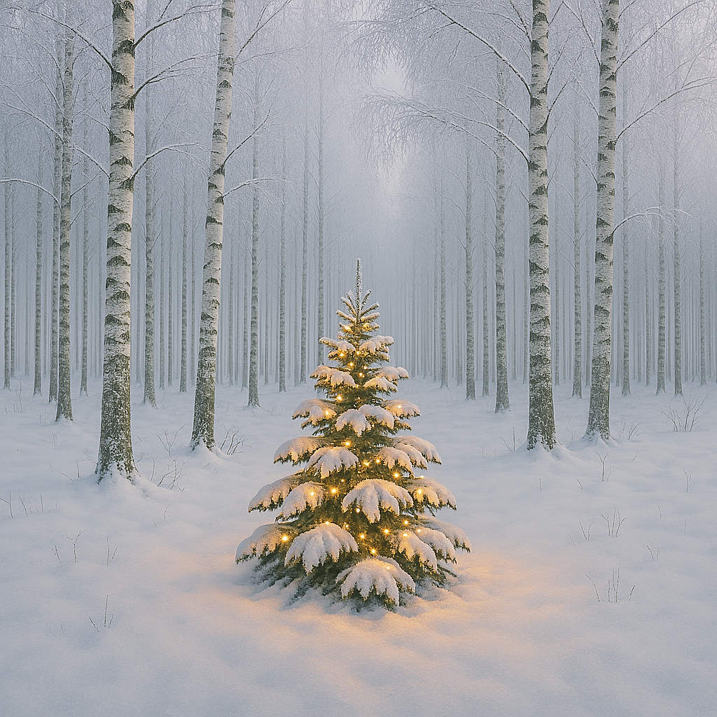 koivut ja pieni kuusi talvella