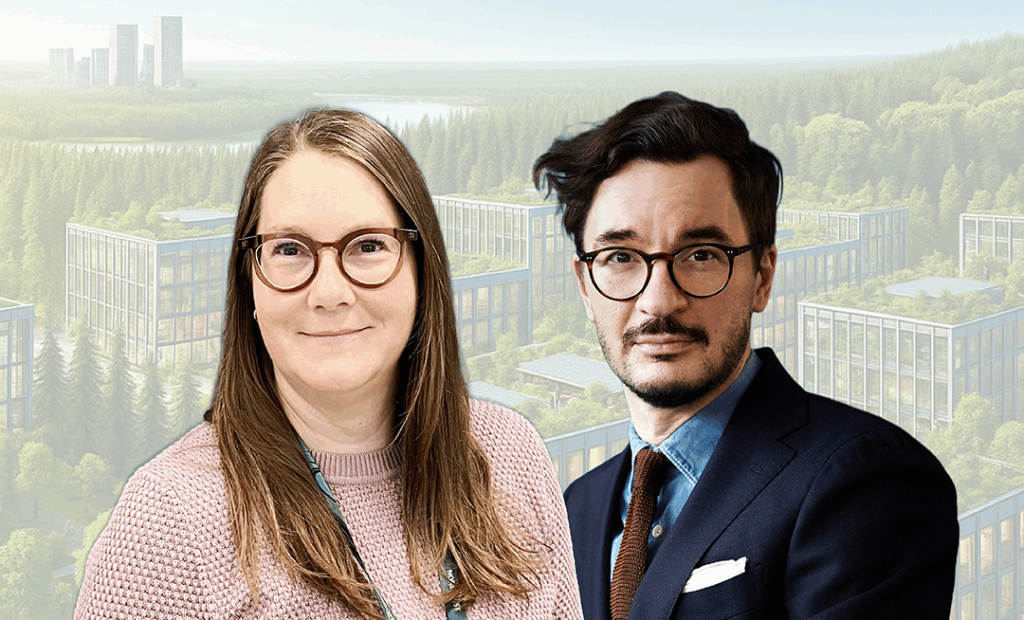 Kaksi webinaarin puhujaa, Katja Peltomäki ja Antti Turunen, seisovat vierekkäin taustalla metsään sijoittuva toimistokampuksen havainnekuva.