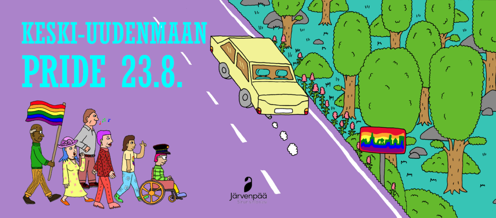 Vuoden 2025 Pride-ilmeessä on erilaisia ihmisiä tässä kuvassa ylittämässä katua. Katua pitkin kaasuttelee auto kohti kaupunkia, jossa on taajamakyltissä ihmisoikeusjuhlan sävyiset sateenkaariväärit. 