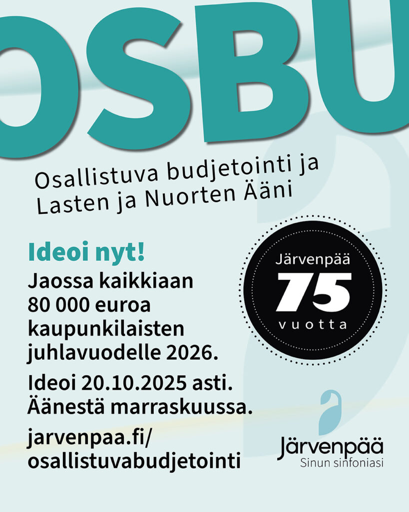 Juliste Osallistuvan budejtoinnin ideahausta. Jaossa on kaikkiaan 80 000 euroa kaupunkilaisten juhlavuodelle 2026.