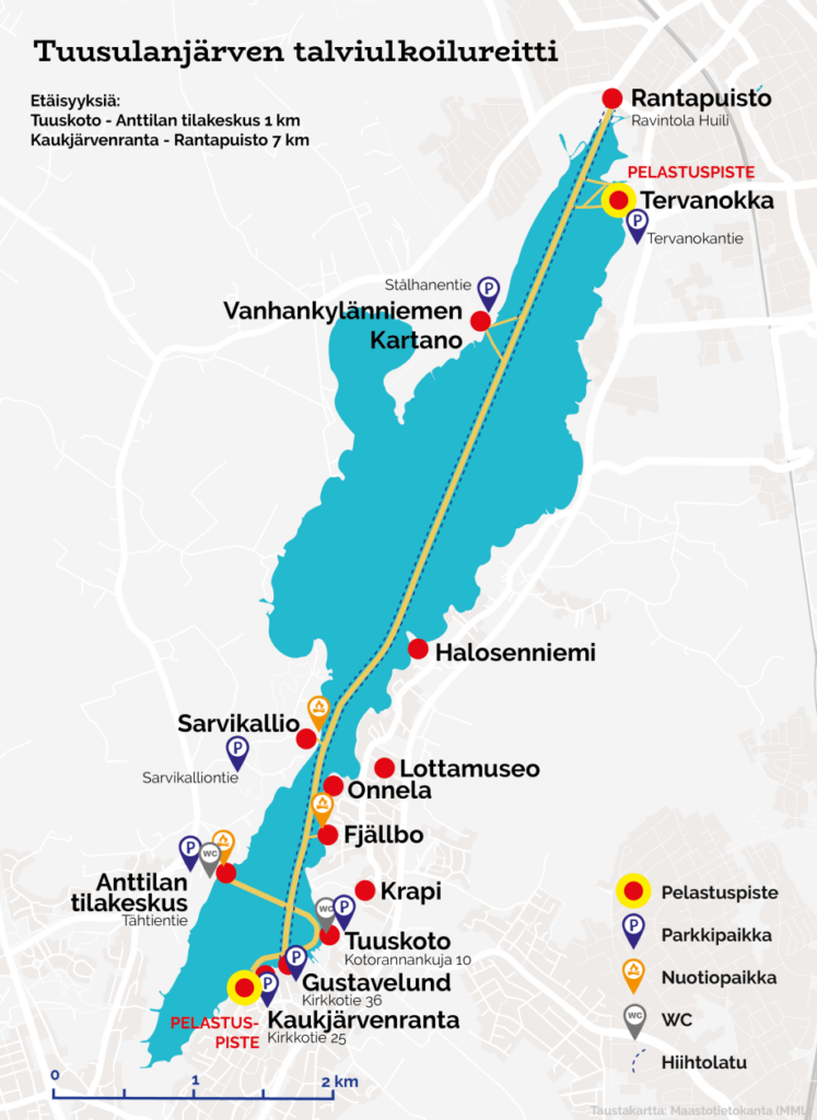 Tuusulanjärvellä oleva talviulkoilureitti. Järven rannalla sijaitsee eri kulttuurikohteita.