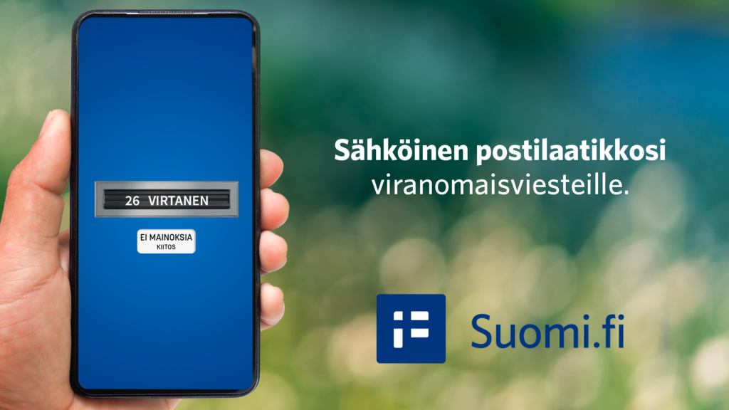 Kännykän näytössä on oven postiluukku, jossa lukee 26 Virtanen, ei mainoksia. Oikealla puolella lukee Sähköinen postilaatikko viranomaisviesteille.